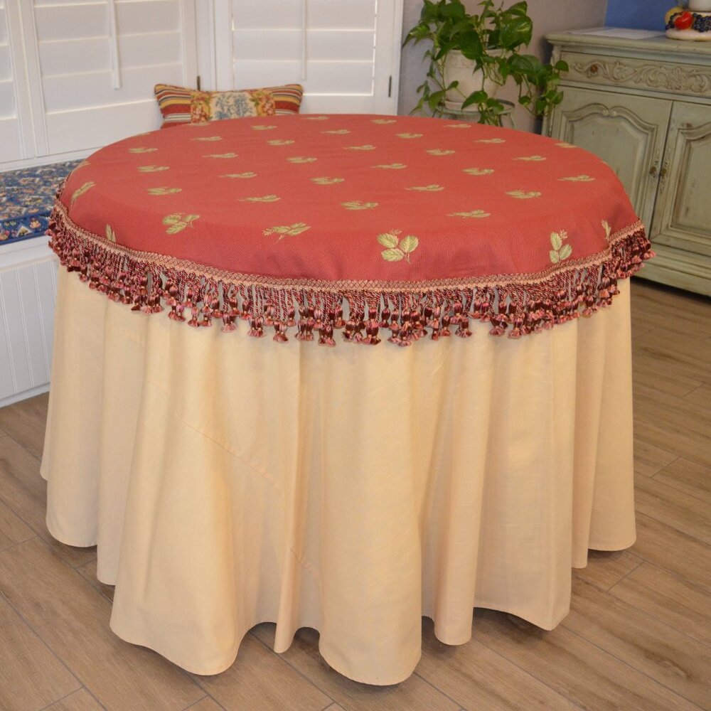 French Country Table Cover, Lined, 53 Inches Diameter, Rare Fabric and Trim, New - Picture 7 of 11